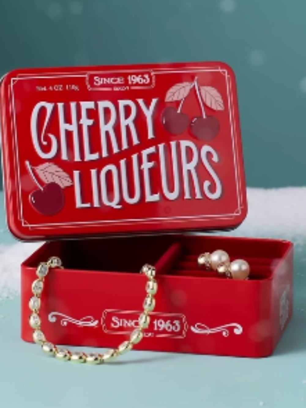 Anthropologie Red Cherry Liqueurs Decorative Tin Jewelry Box NWT